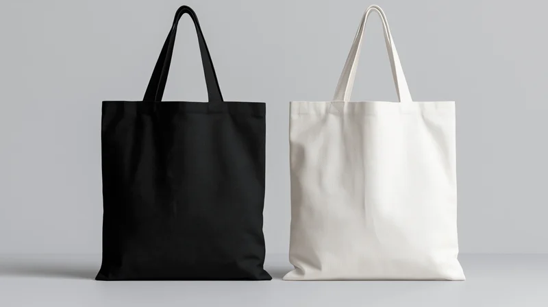 Two plain canvas tote bags side by side, one black and one white, on a neutral surface