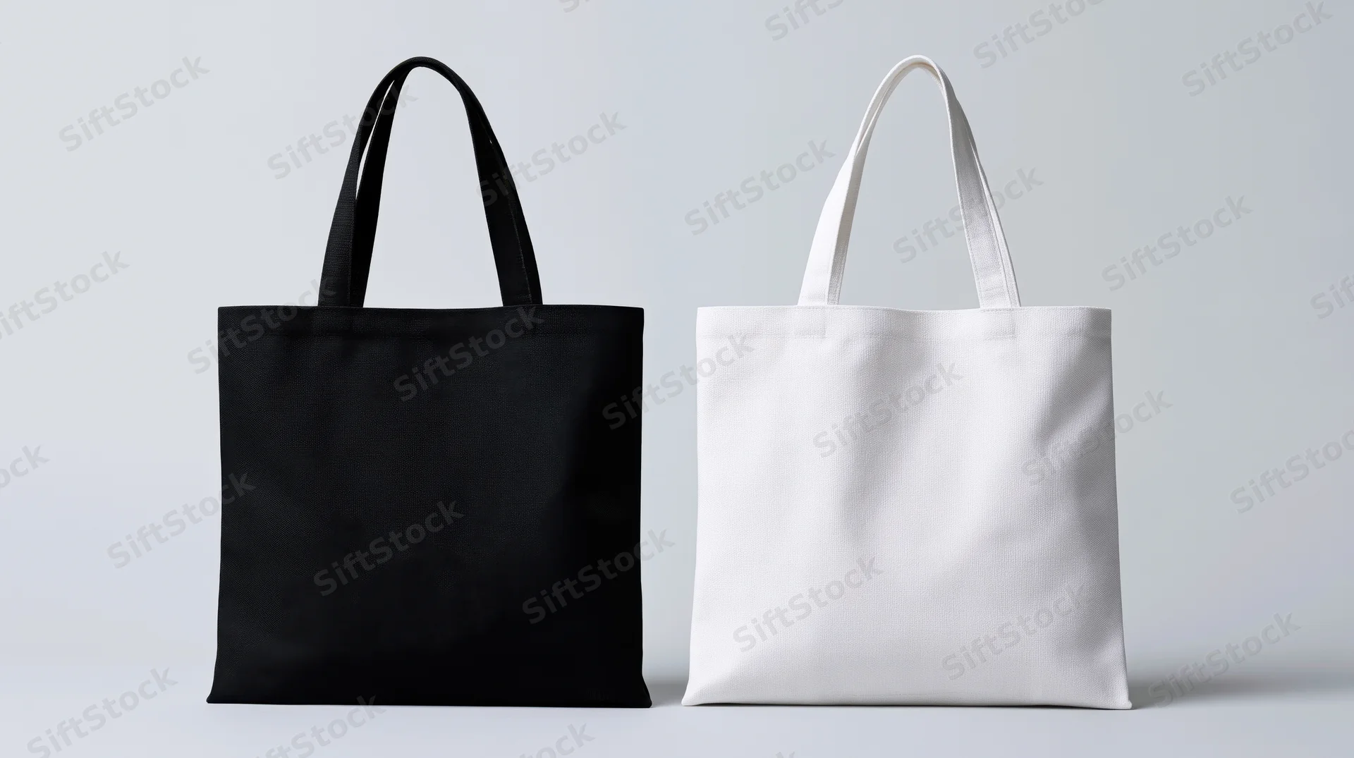 Two plain canvas tote bags side by side in black and white on a neutral background