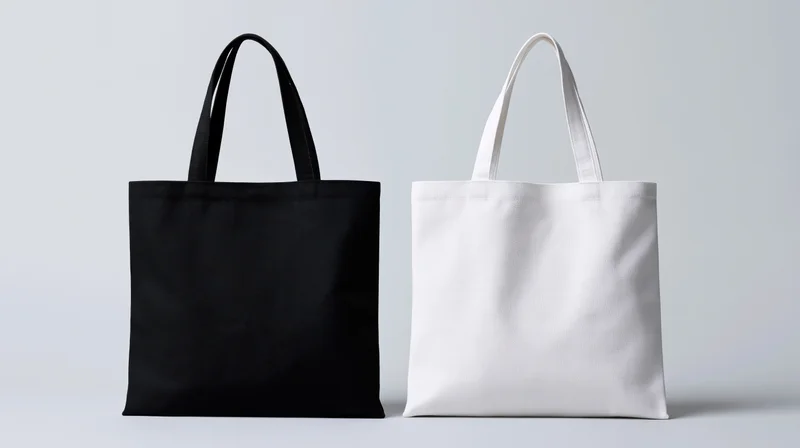 Two plain canvas tote bags side by side in black and white on a neutral background