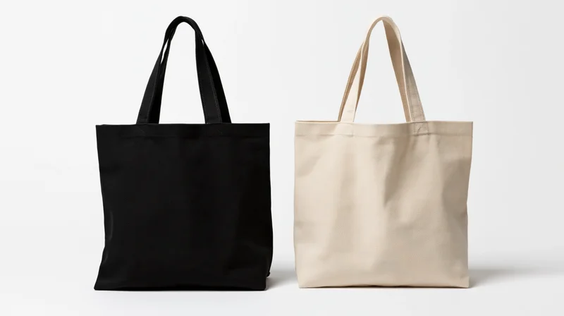 Two plain canvas tote bags side by side on white background