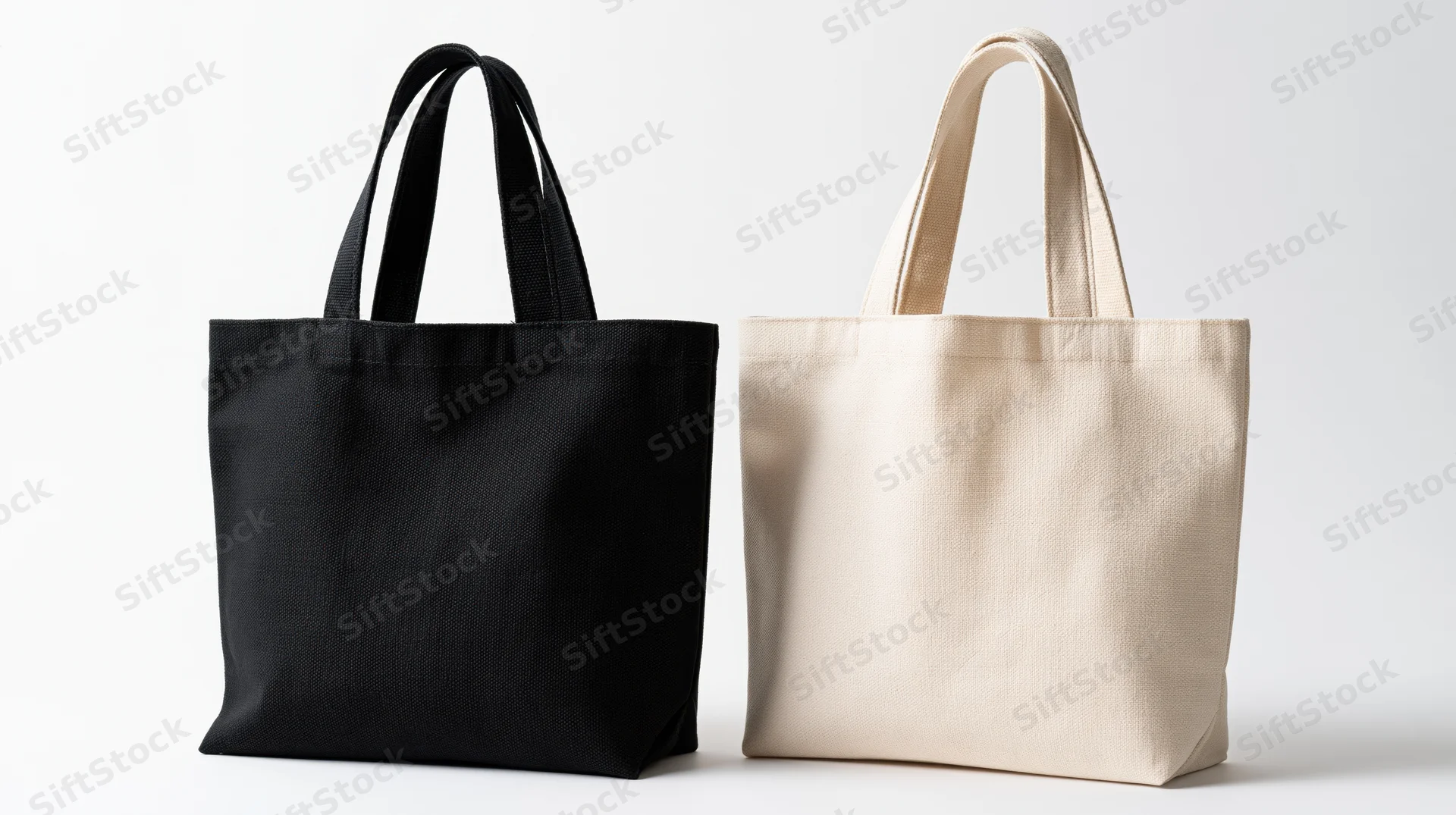Two plain canvas tote bags side by side in black and beige on white background