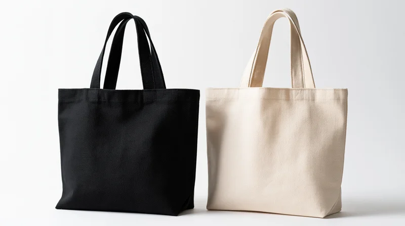 Two plain canvas tote bags side by side in black and beige on white background