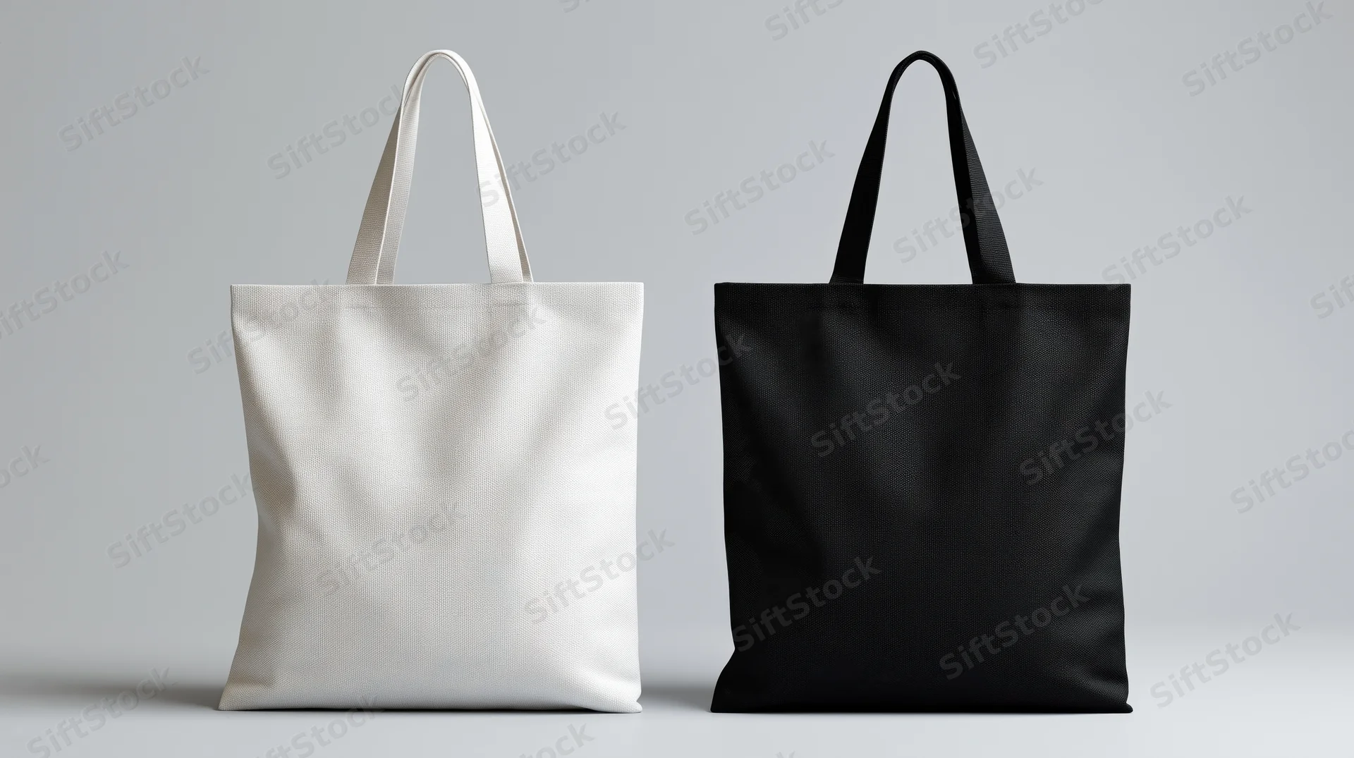 Two plain canvas tote bags side by side on a neutral background
