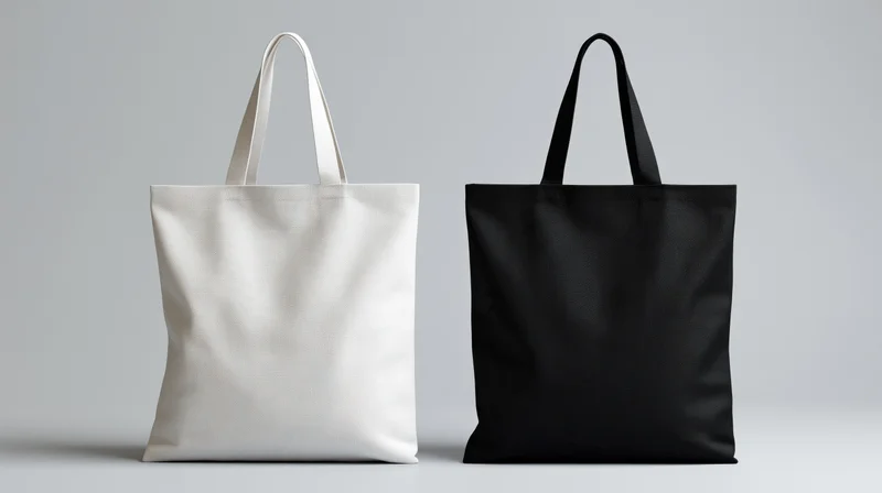 Two plain canvas tote bags side by side on a neutral background