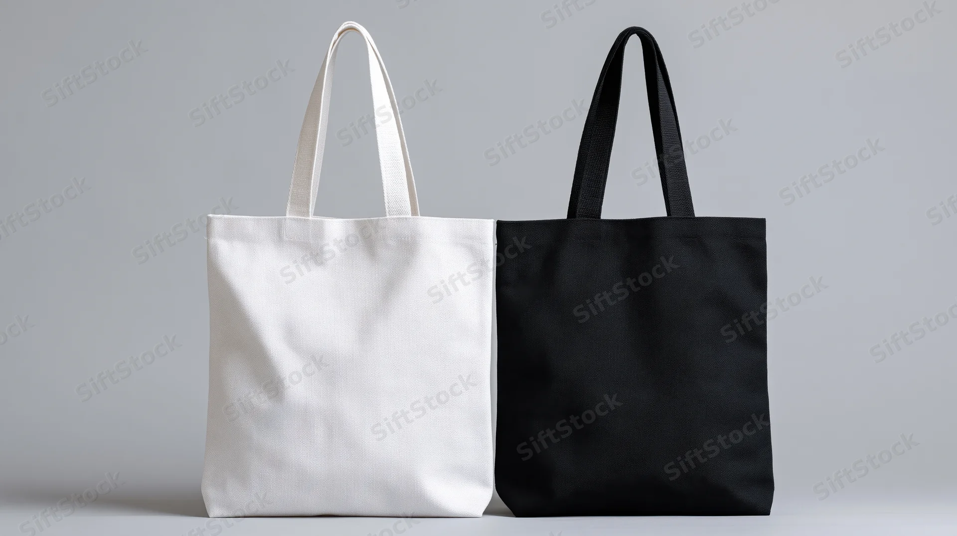 Two plain canvas tote bags side by side, one white and one black, on a neutral gray surface