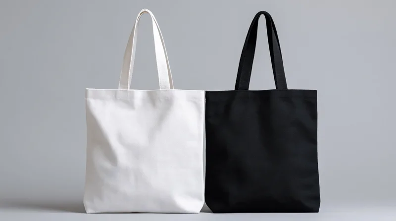 Two plain canvas tote bags side by side, one white and one black, on a neutral gray surface