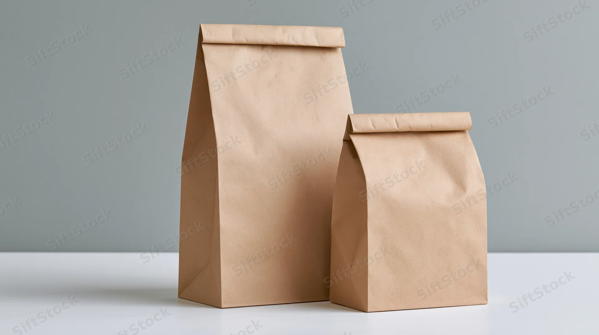 Two plain kraft paper bags standing upright on a white surface against a gray background