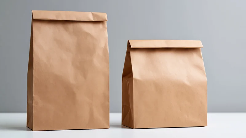 Two plain kraft paper bags one tall and one short standing on a white surface against a gray background