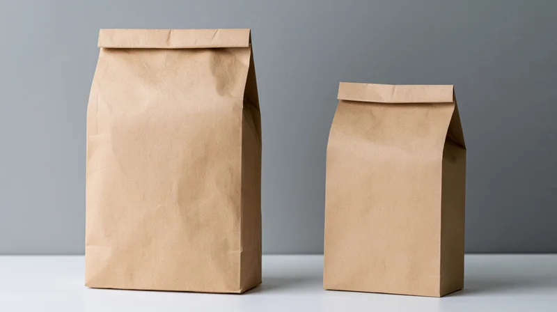 Two plain kraft paper bags standing side by side on a white surface against a gray background