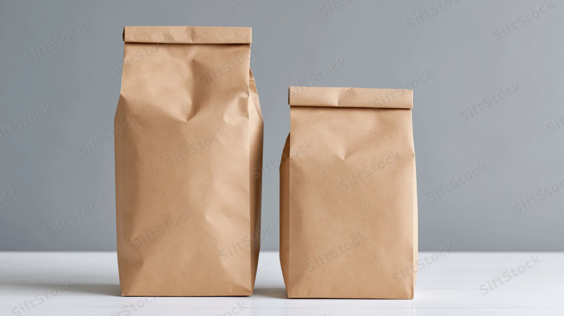 Two plain kraft paper bags of different heights standing upright on a white surface against a gray background