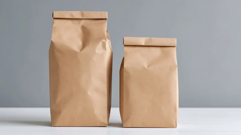 Two plain kraft paper bags of different heights standing upright on a white surface against a gray background