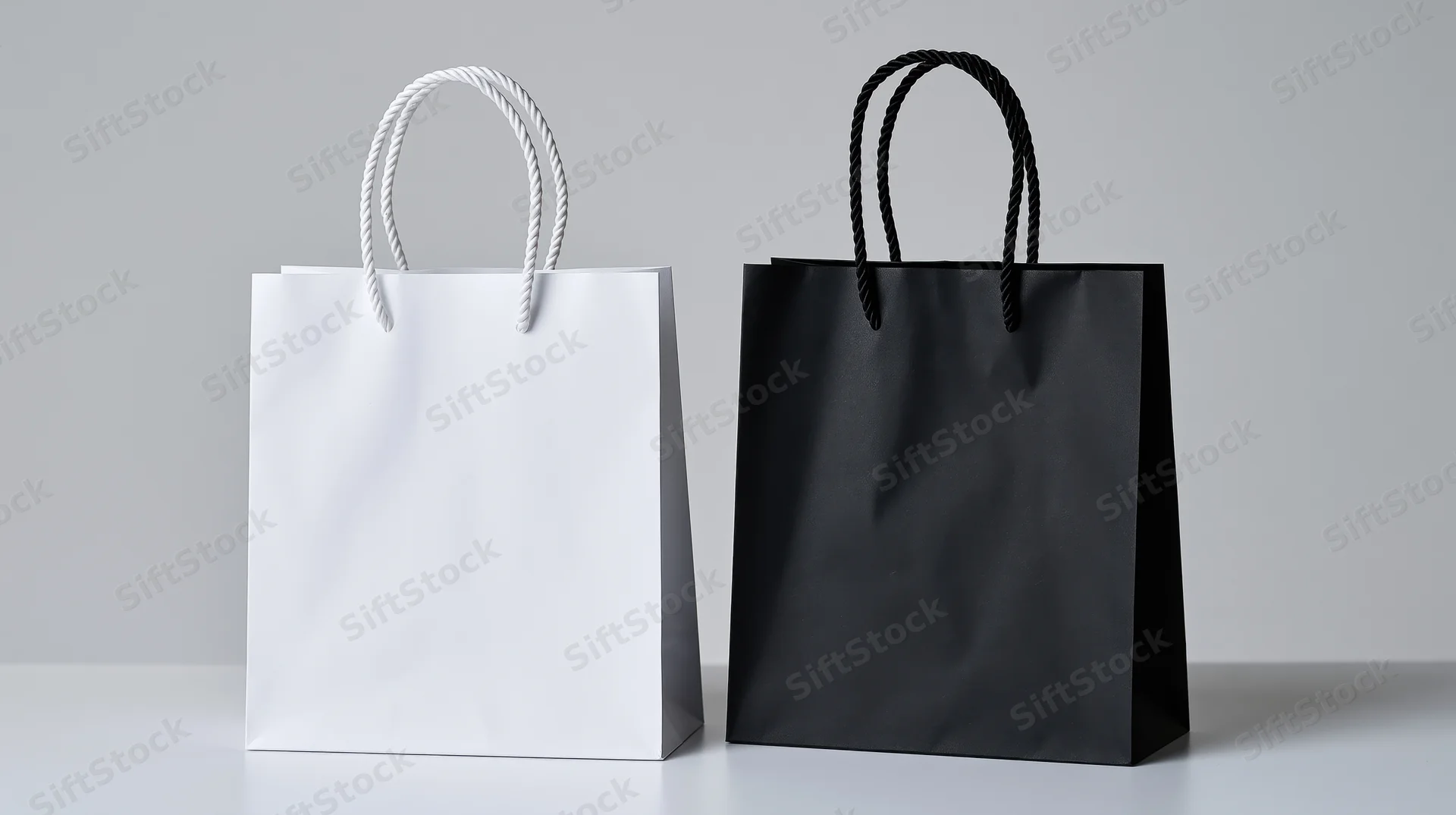 Two plain paper shopping bags side by side on a white surface