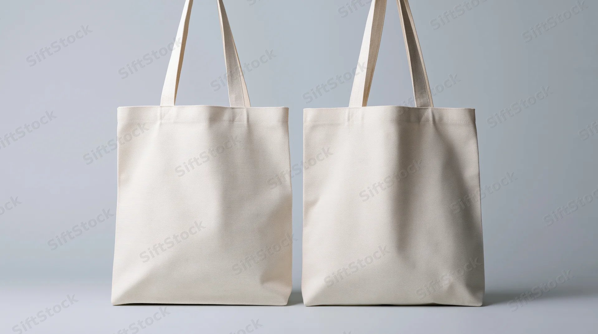 Two plain white canvas tote bags standing upright side by side on a neutral background