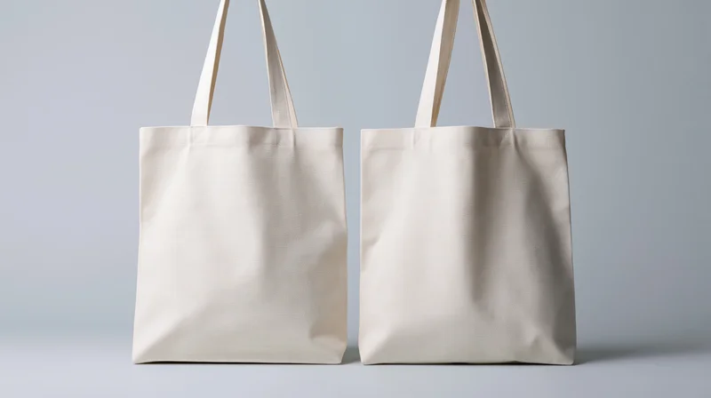 Two plain white canvas tote bags standing upright side by side on a neutral background
