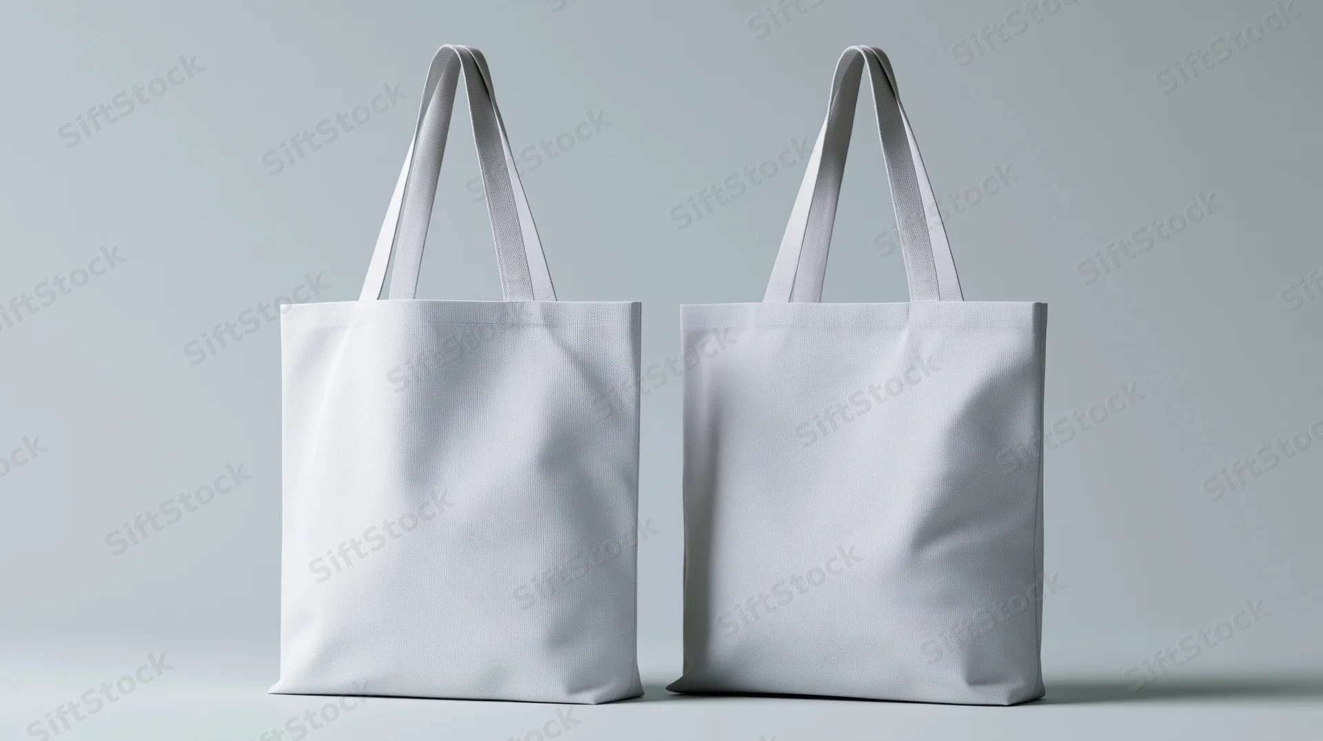Two plain white canvas tote bags standing upright side by side on a light gray surface