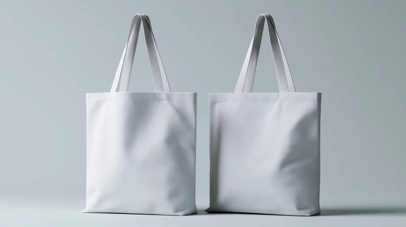 Two plain white canvas tote bags standing upright side by side on a light gray surface