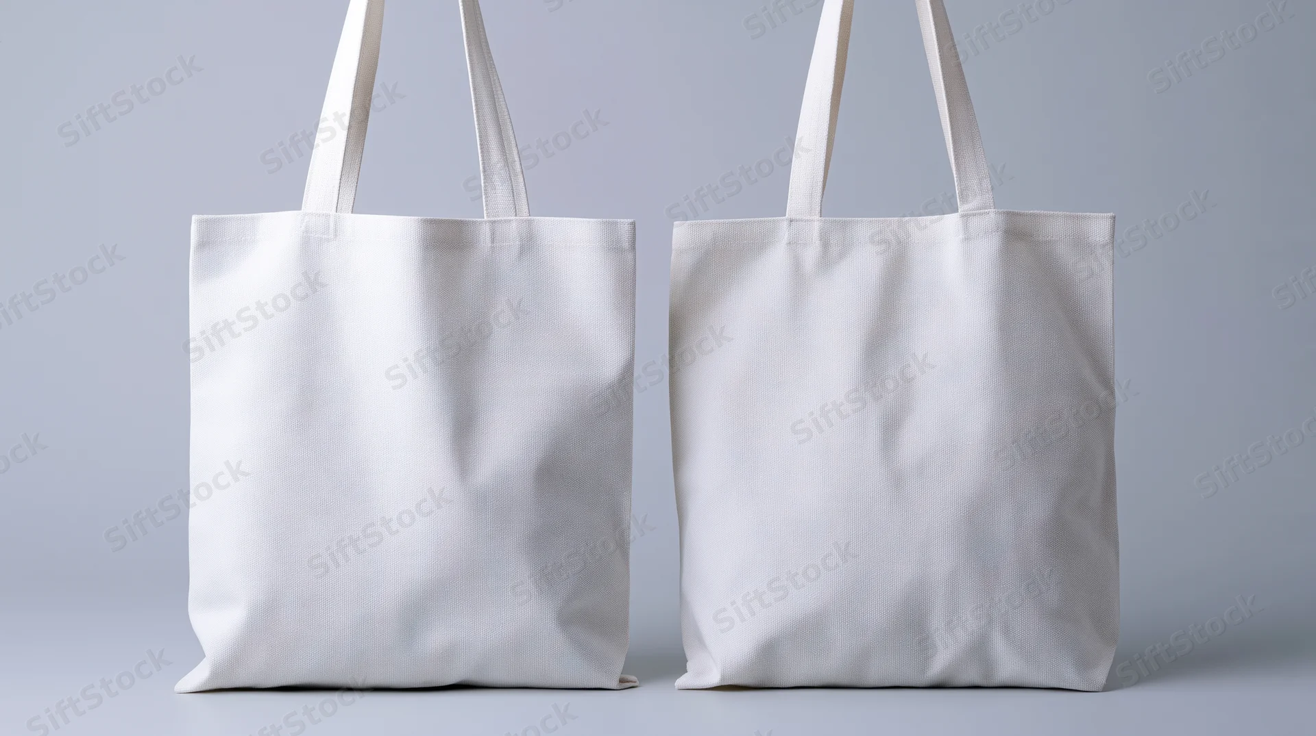 Two plain white canvas tote bags standing side by side on a neutral surface