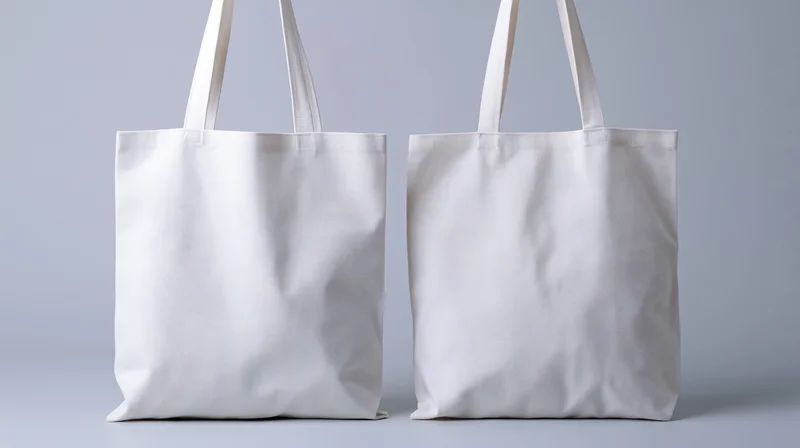 Two plain white canvas tote bags standing side by side on a neutral surface