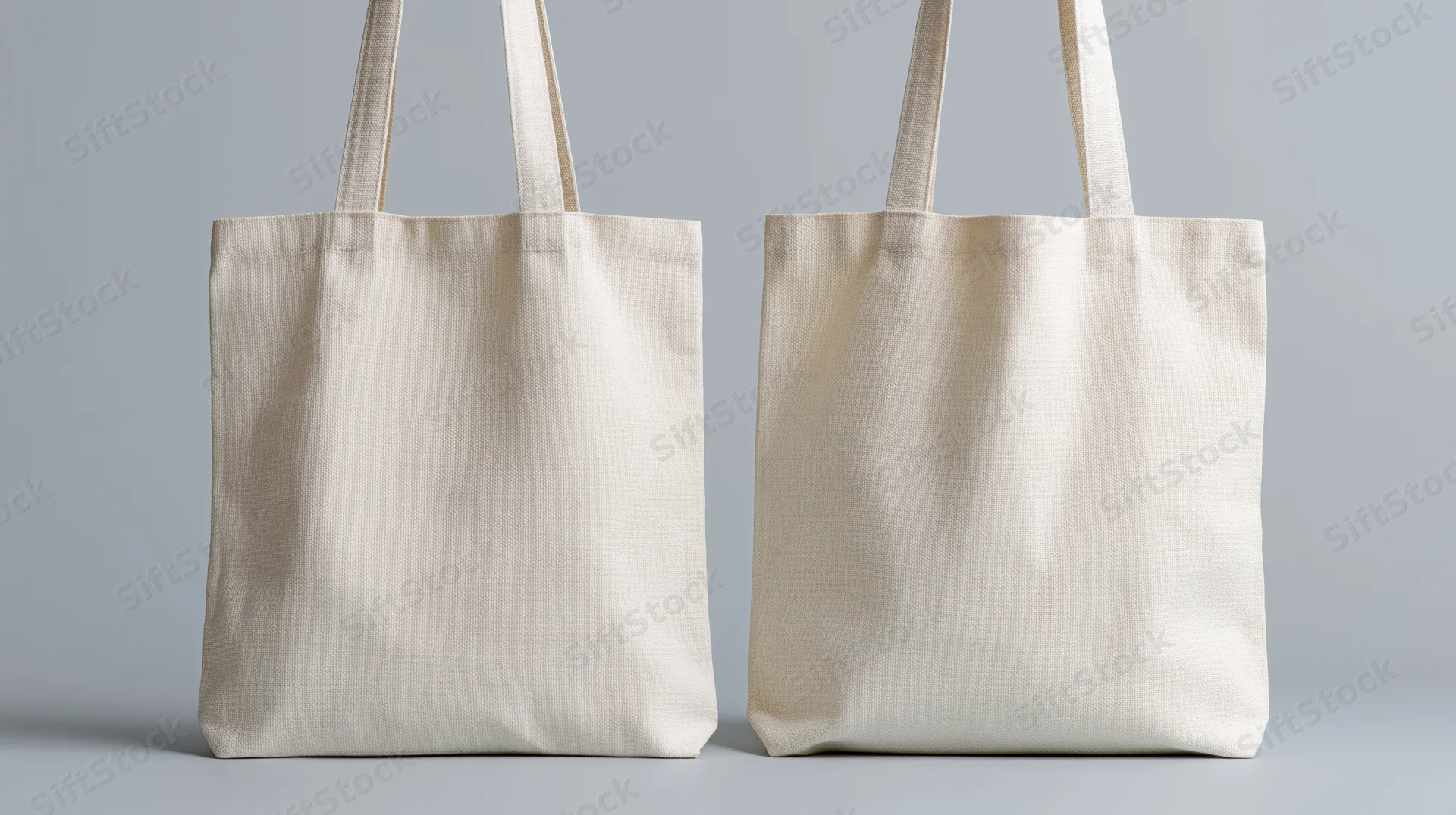 Two plain white canvas tote bags standing side by side on a neutral surface