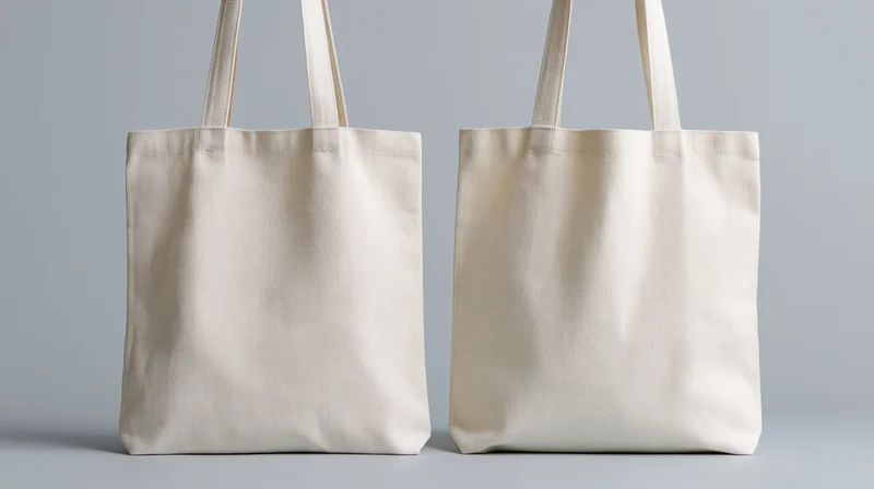 Two plain white canvas tote bags standing side by side on a neutral surface