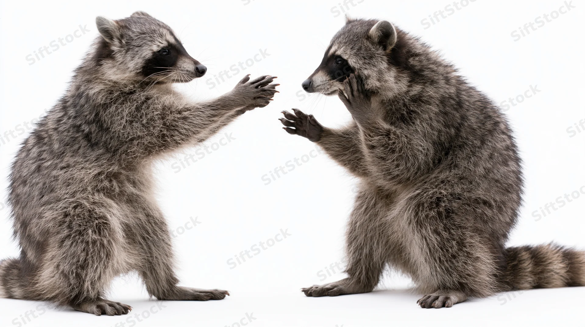 Two raccoons standing upright on hind legs facing each other with paws raised in interaction against white background