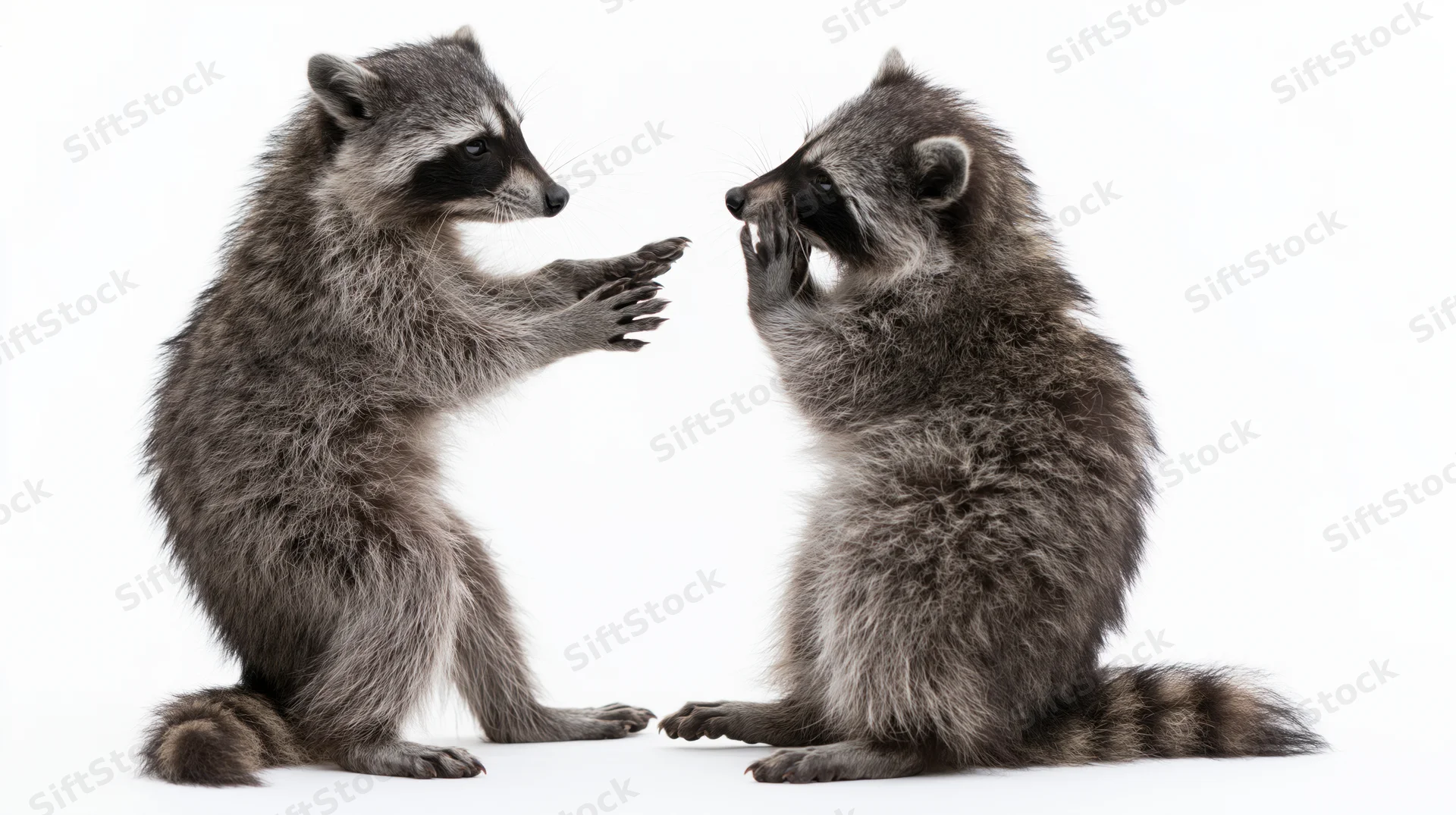 Two raccoons standing upright on hind legs facing each other with paws raised in interaction
