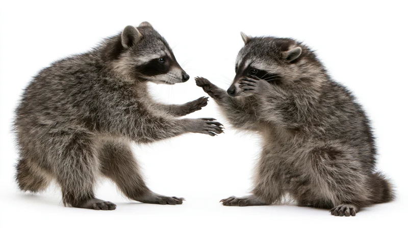 Two raccoons standing upright on hind legs facing each other and touching paws