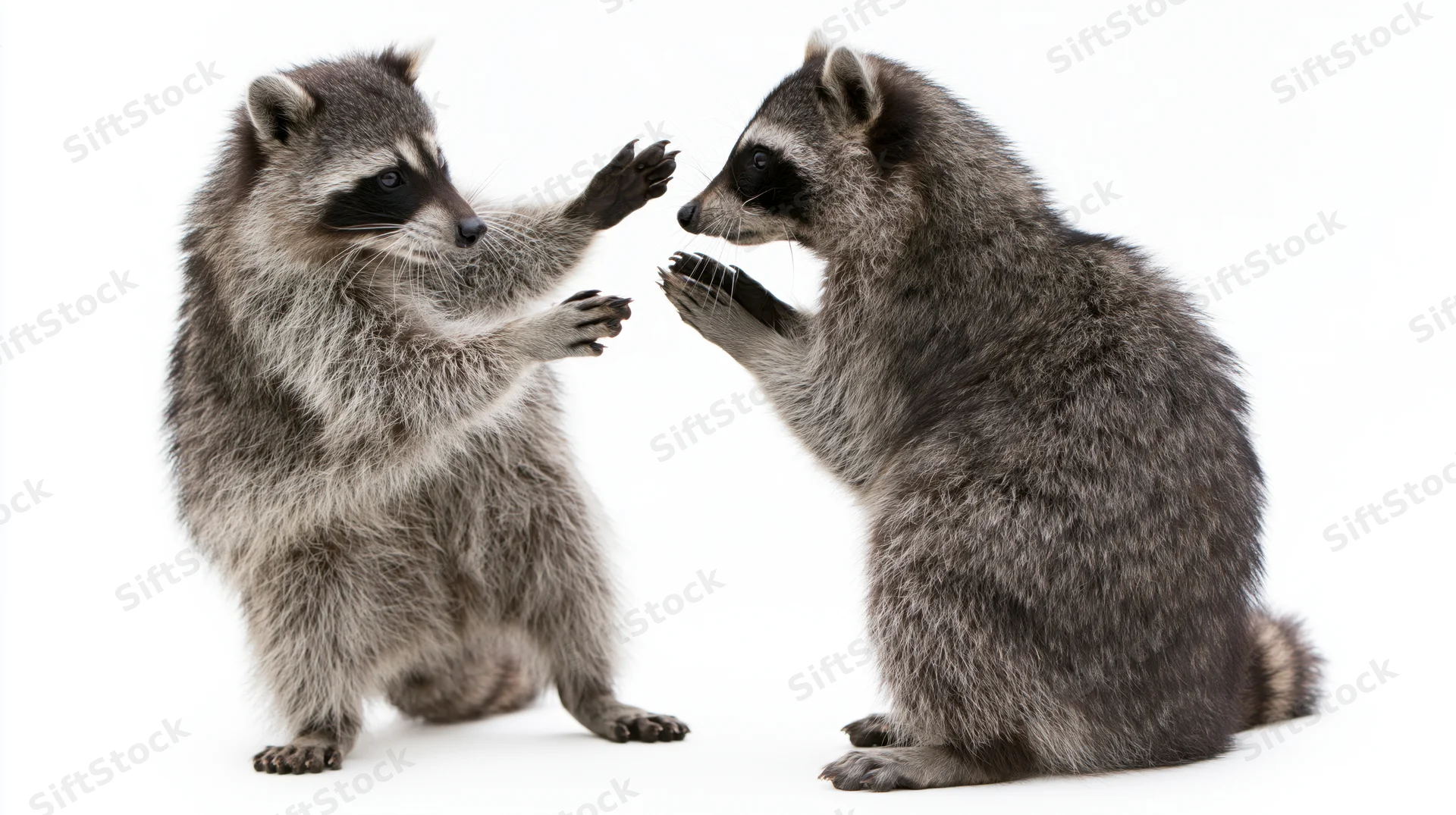Two raccoons standing upright on hind legs facing each other with paws raised in interaction against white background