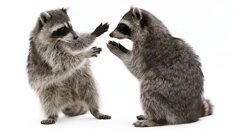 Two raccoons standing upright on hind legs facing each other with paws raised in interaction against white background