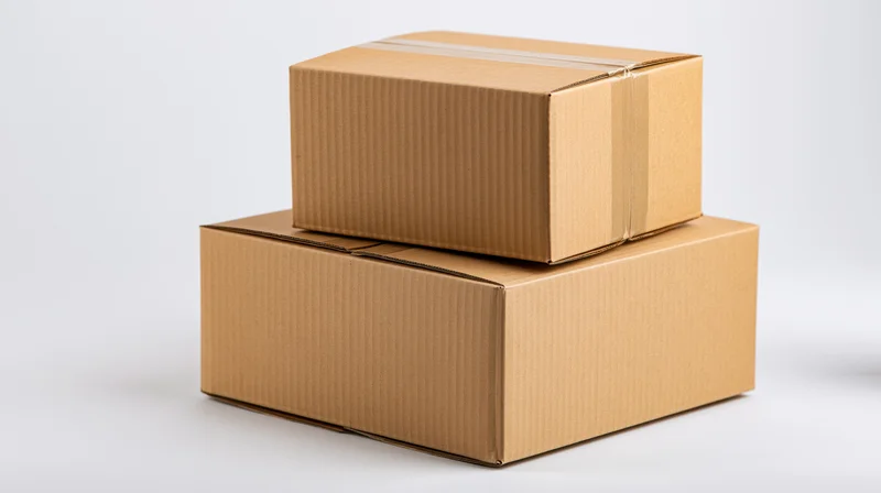 Two sealed corrugated cardboard shipping boxes stacked on a white surface