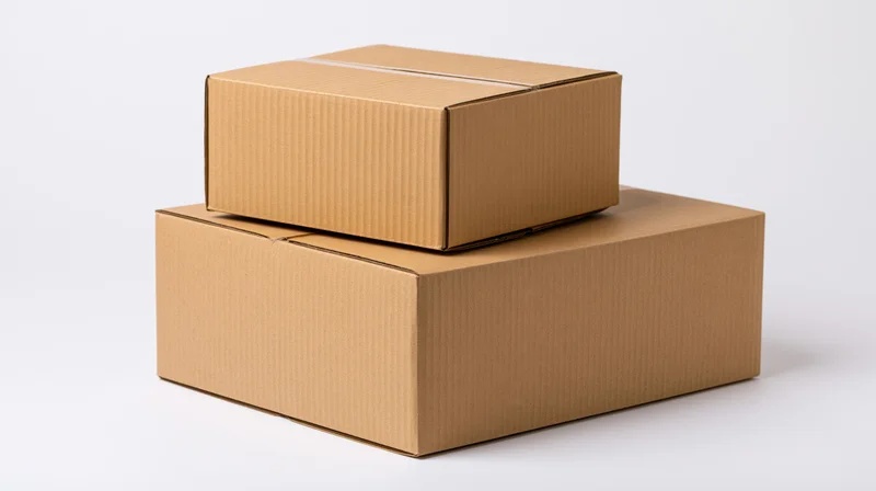 Two sealed corrugated cardboard shipping boxes stacked on a white surface