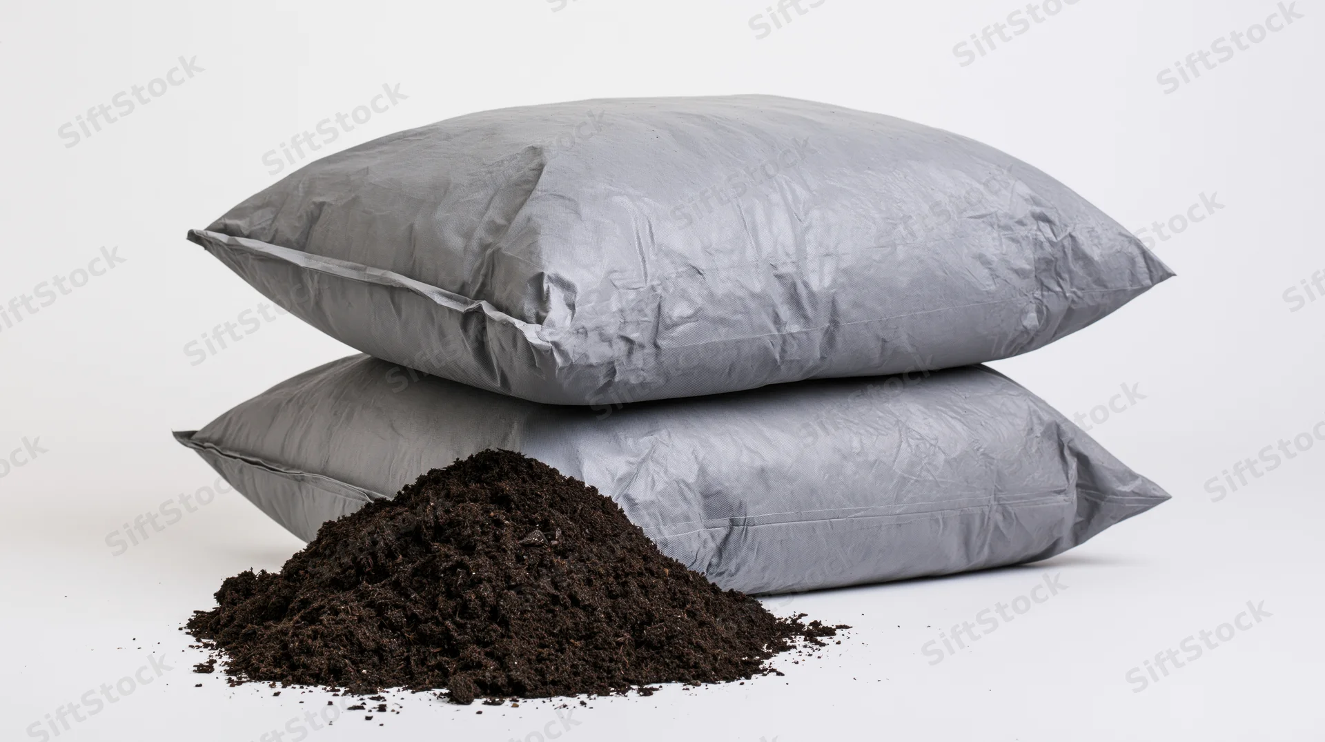 Two stacked grey plastic bags of compost with a pile of dark soil in front on white background