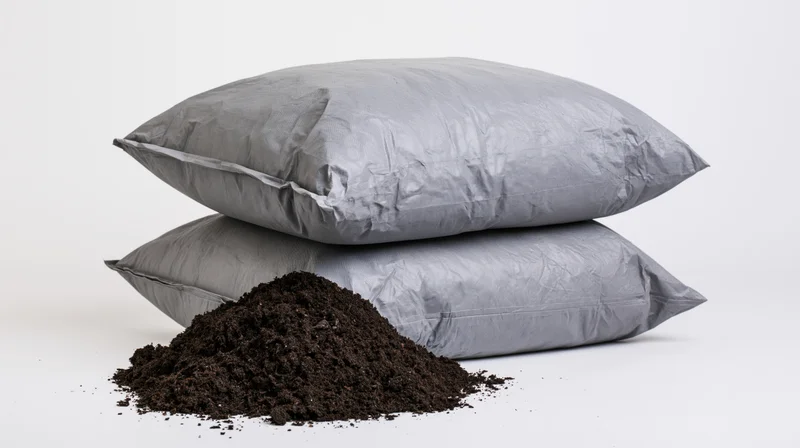 Two stacked grey plastic bags of compost with a pile of dark soil in front on white background