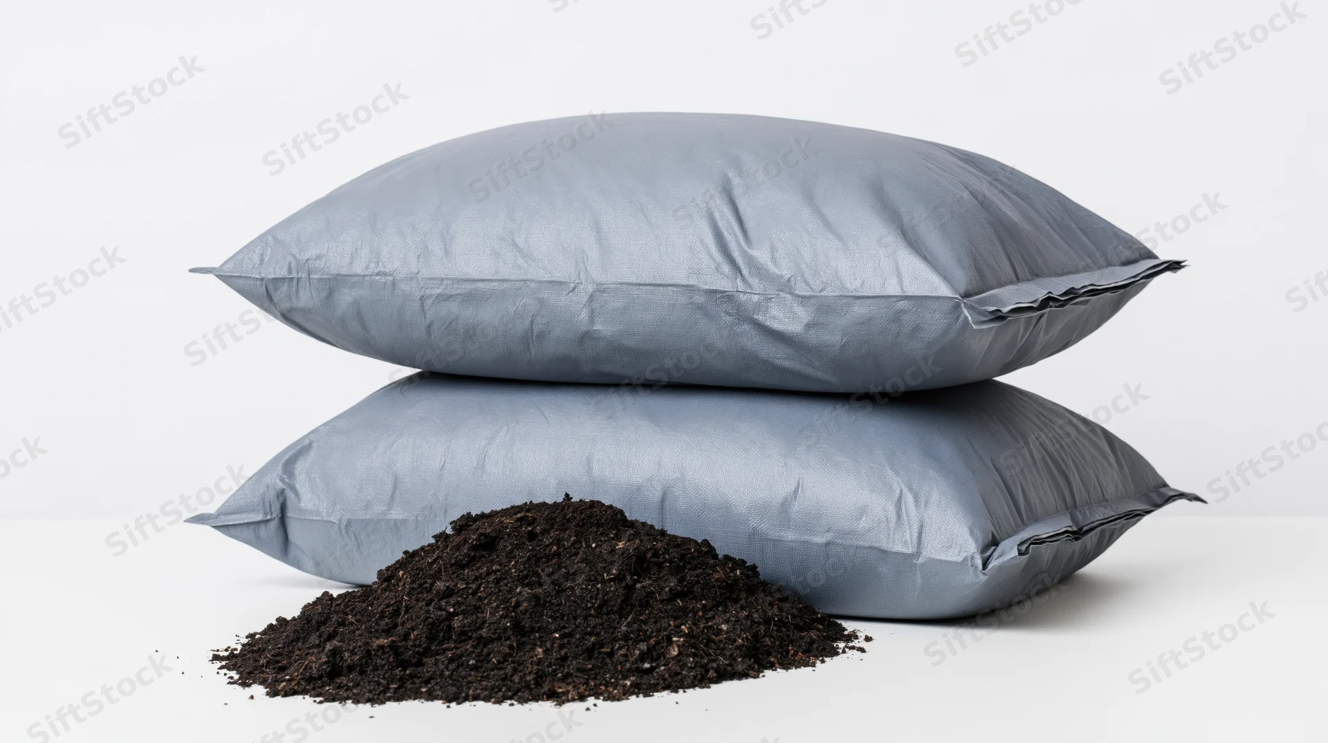 Two stacked grey plastic bags of soil with a pile of compost in front on a white surface