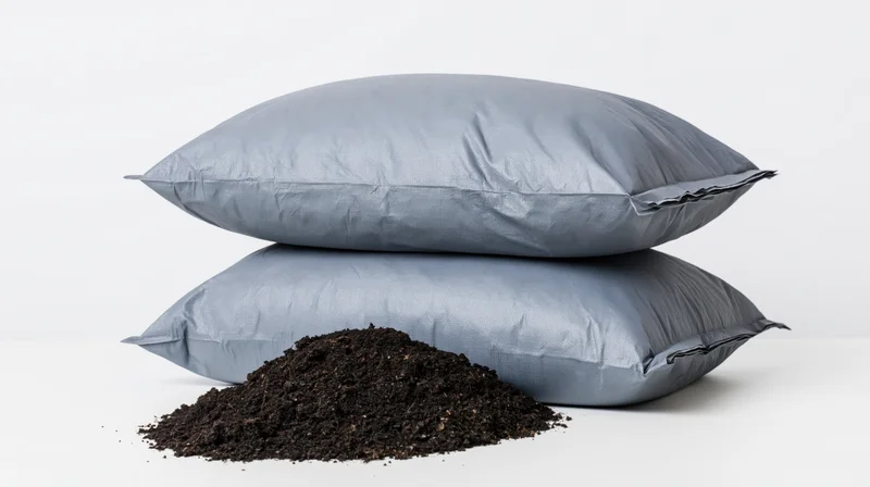 Two stacked grey plastic bags of soil with a pile of compost in front on a white surface