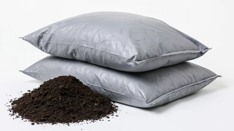 Two stacked grey plastic bags of compost with a pile of dark soil beside them on a white background