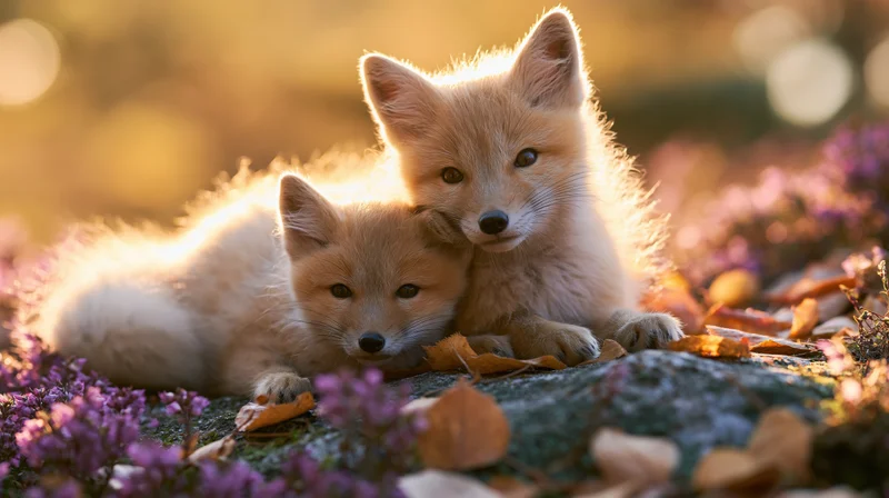Two fox kits resting together on a mossy rock among purple flowers in golden light