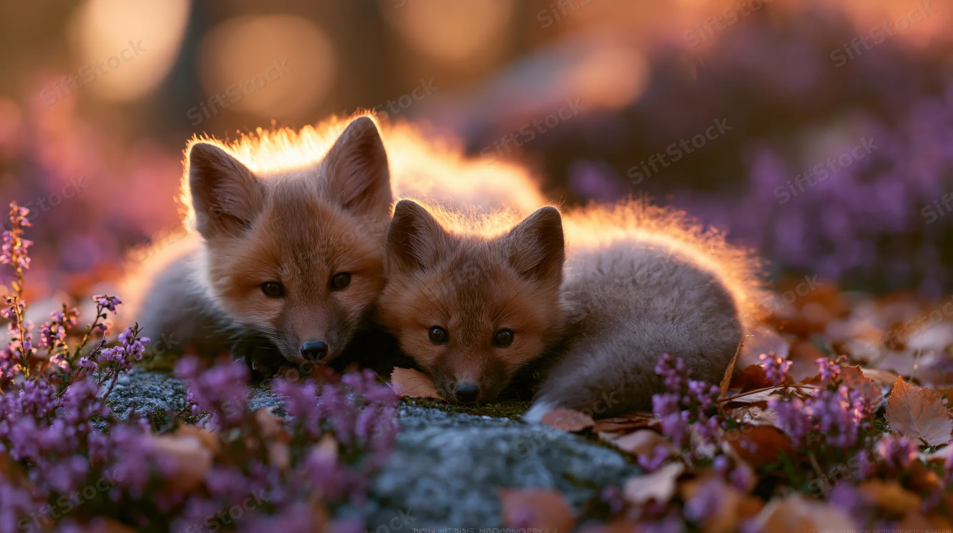 Two young fox kits resting on a mossy rock among purple heather flowers in a forest at golden hour
