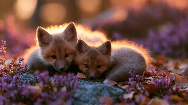 Two young fox kits resting on a mossy rock among purple heather flowers in a forest at golden hour