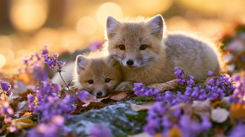 Two foxes resting together among purple flowers in a sunlit forest meadow