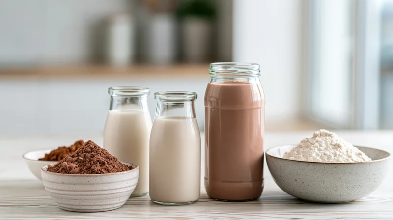 Two small glass bottles of milk and a chocolate protein shake on a kitchen countertop with bowls of cocoa powder and flour