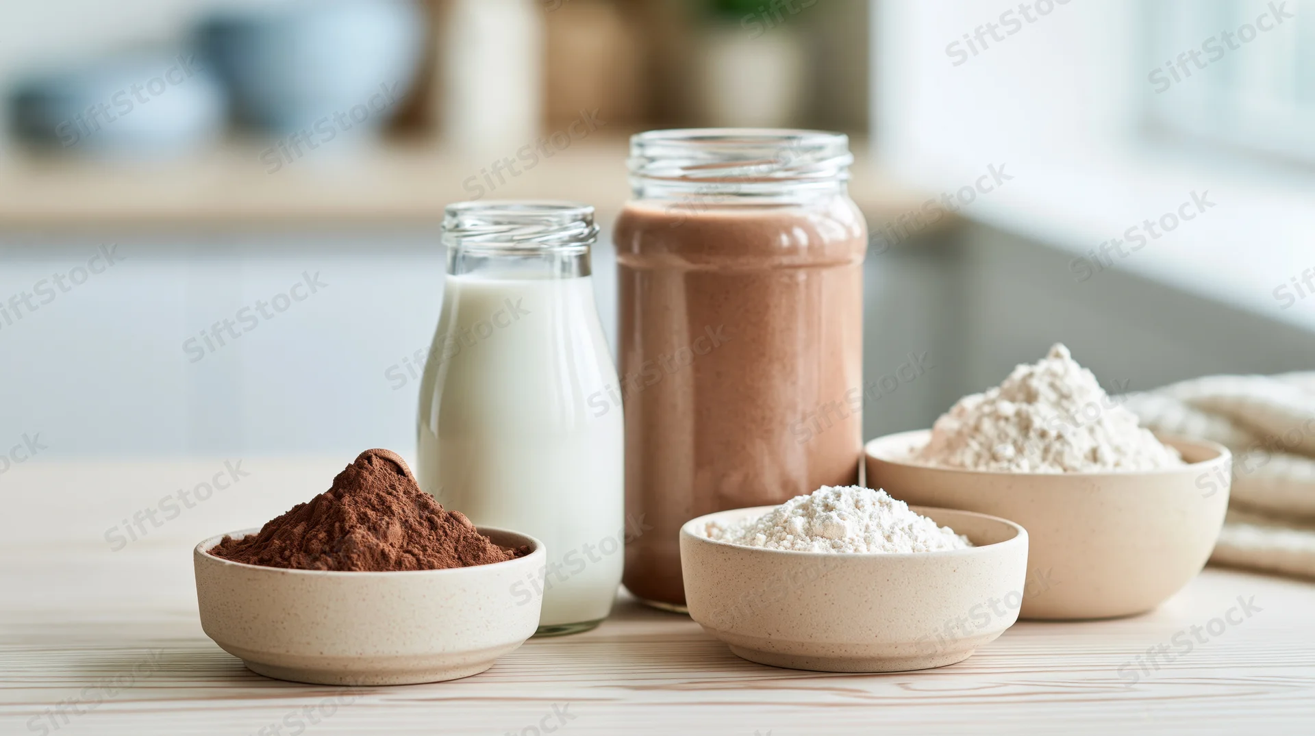 Two glass bottles of milk and chocolate protein shake with bowls of cocoa and flour on a wooden kitchen table