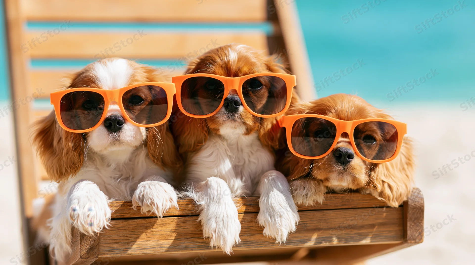 Three cavalier king charles puppies wearing oversized orange sunglasses on a wooden deckchair at the beach