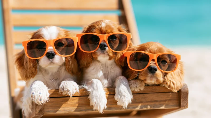 Three cavalier king charles puppies wearing oversized orange sunglasses on a wooden deckchair at the beach