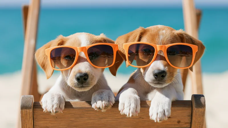 Two puppies wearing oversized orange sunglasses on a beach deckchair