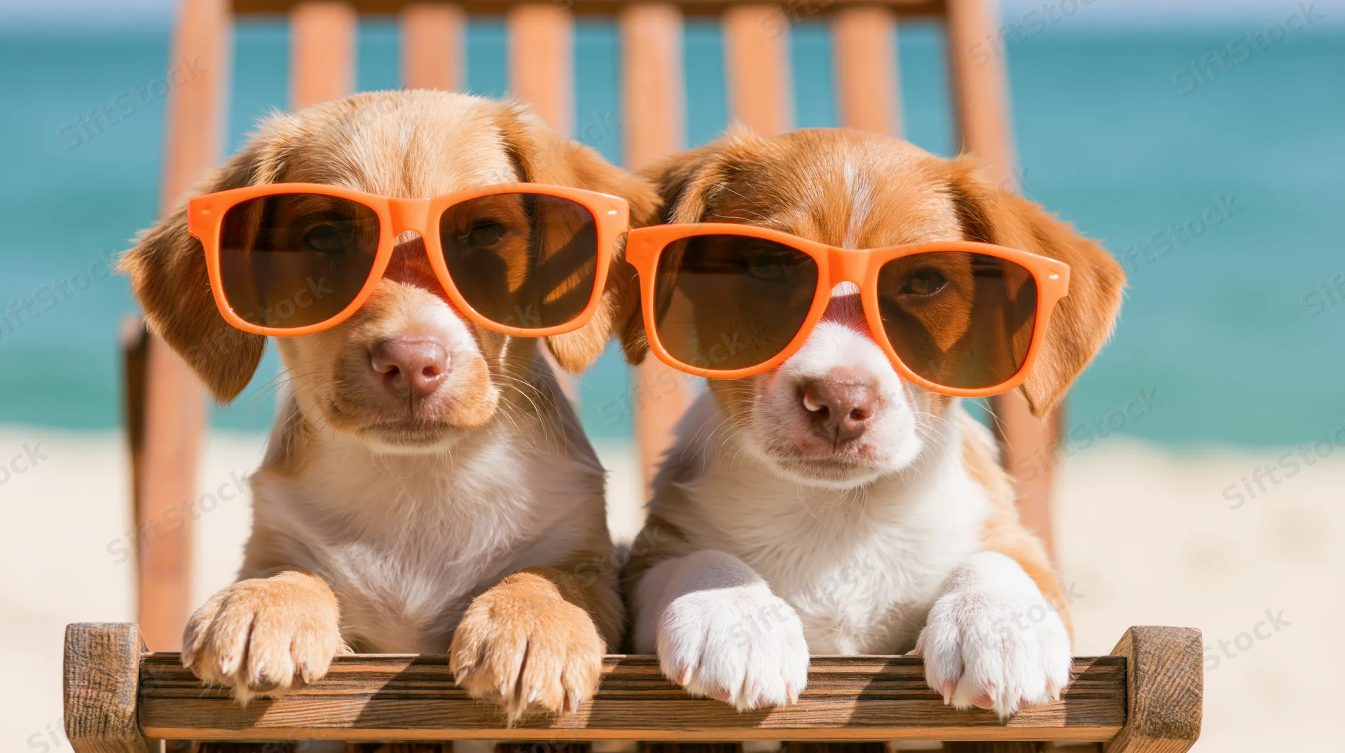 Two puppies wearing oversized orange sunglasses on a beach deckchair