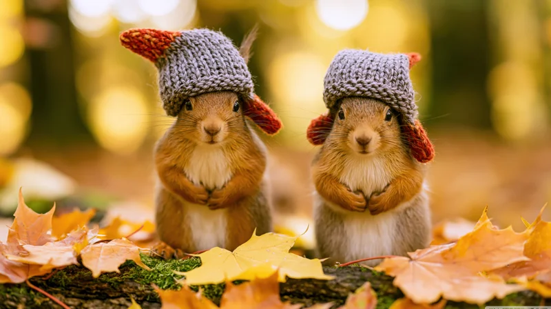 Two squirrels wearing knitted hats sitting on a mossy log among autumn leaves in a forest