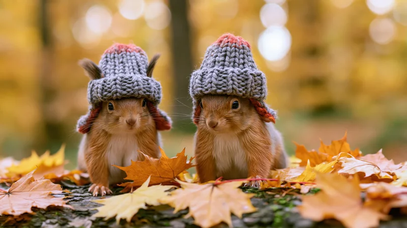Two squirrels wearing knitted wool hats sitting on a log among autumn leaves in a forest