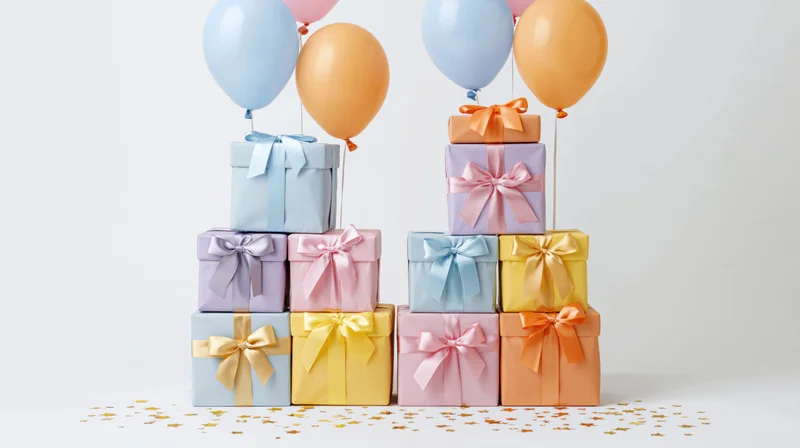 Two stacked piles of wrapped gift boxes with ribbon bows and balloons on white background with scattered confetti