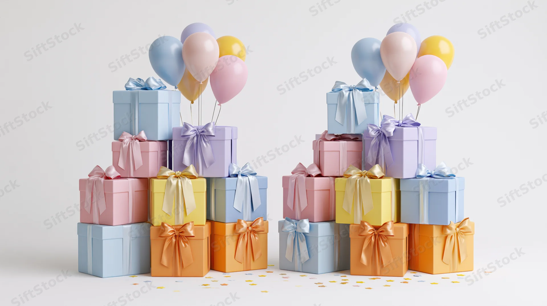 Two stacked piles of wrapped gift boxes with ribbon bows and balloons on a white surface with scattered confetti